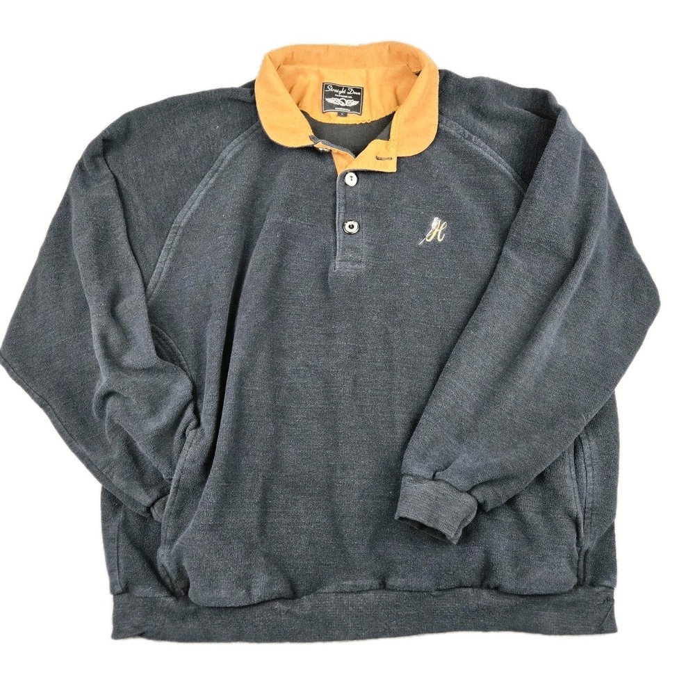 Straight Down Golf‎ Sweater Mens Large Black Pullover Henley USA Suede Collar
